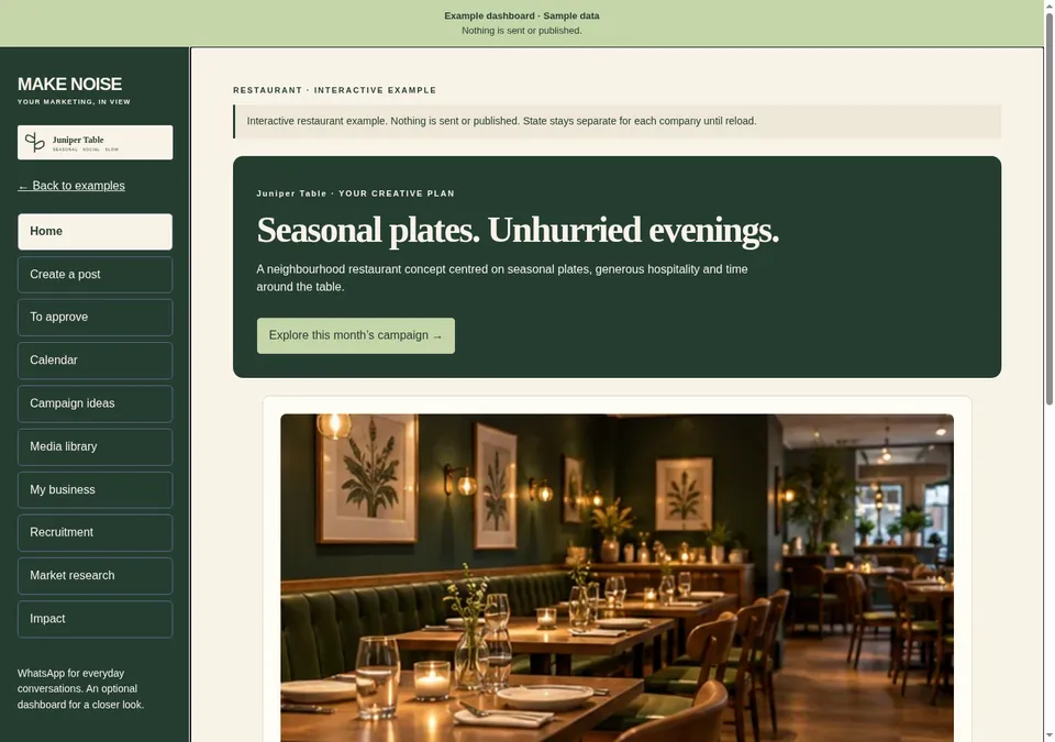 Juniper Table example dashboard overview — restaurant