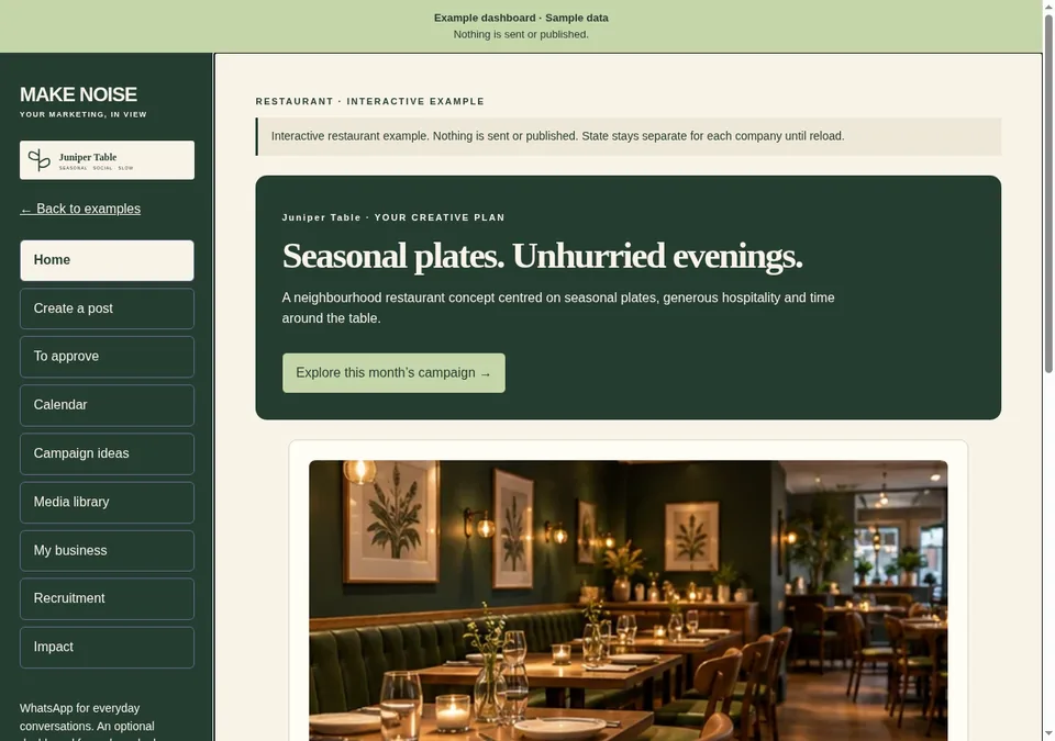 Juniper Table example dashboard overview — restaurant