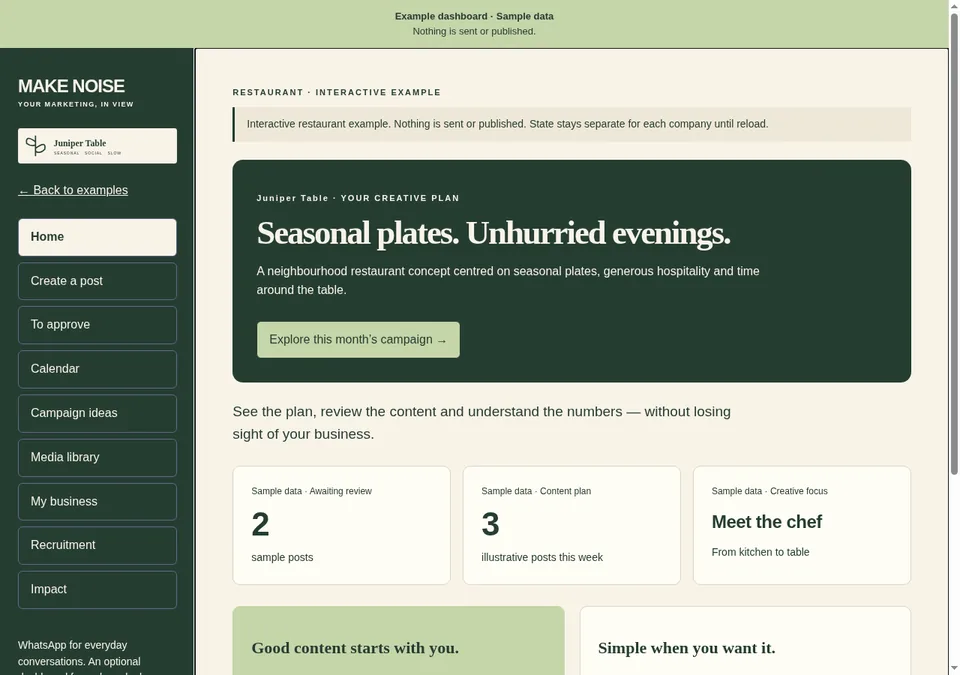 Juniper Table example dashboard overview — restaurant