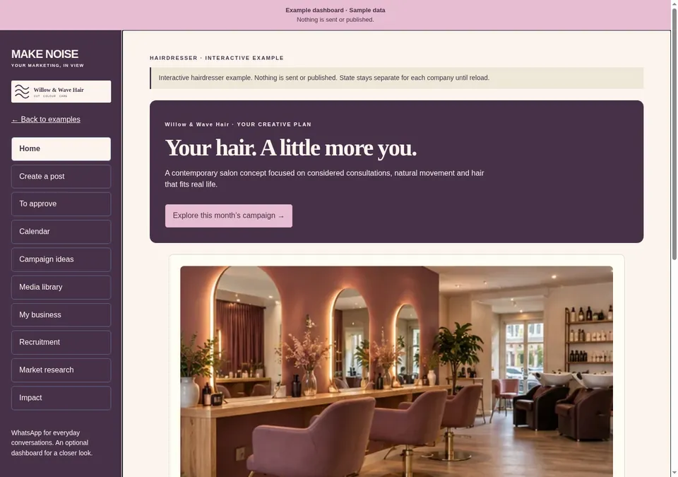 Willow & Wave Hair example dashboard overview — hairdresser