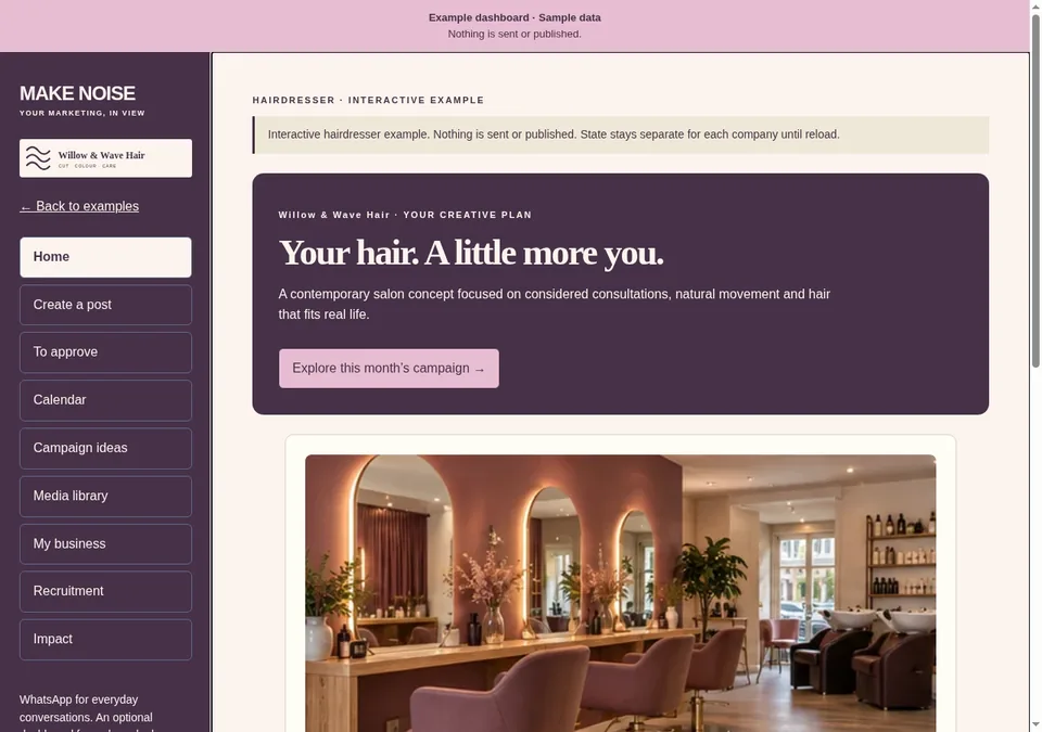 Willow & Wave Hair example dashboard overview — hairdresser