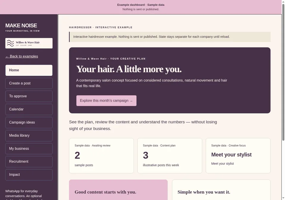 Willow & Wave Hair example dashboard overview — hairdresser