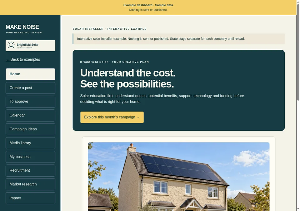 Brightfield Solar example dashboard overview — solar installer