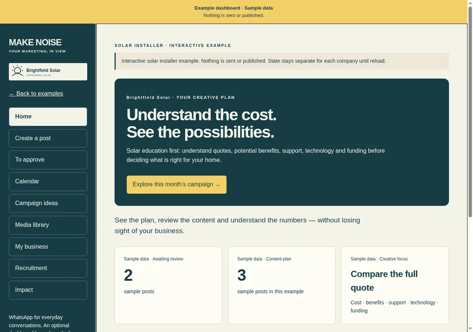 Brightfield Solar example dashboard overview — solar installer