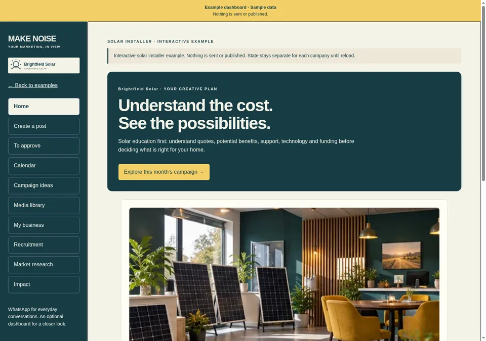 Brightfield Solar example dashboard overview — solar installer
