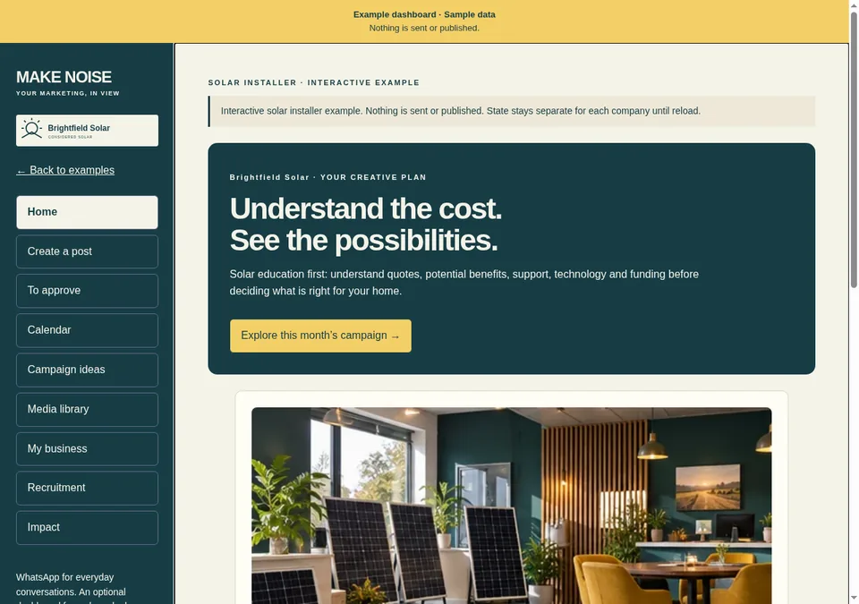 Brightfield Solar example dashboard overview — solar installer