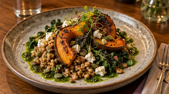 Roasted squash and herbed grains — AI-generated example imagery