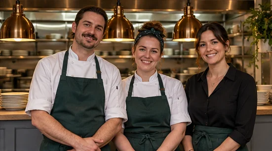 Example chef and front-of-house team — AI-generated example imagery